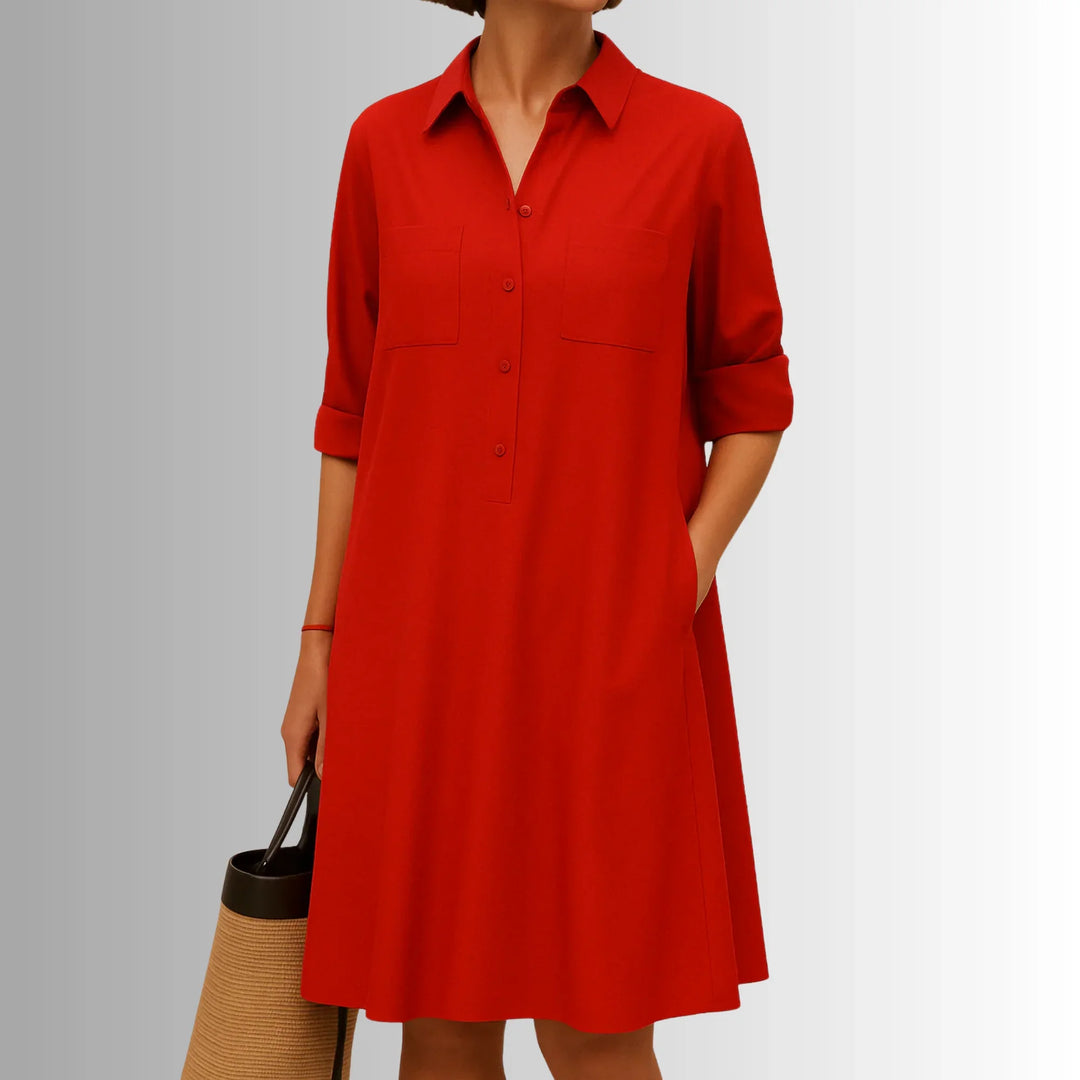 Collared Shirt Mini Dress with 3/4 Sleeve Button Placket