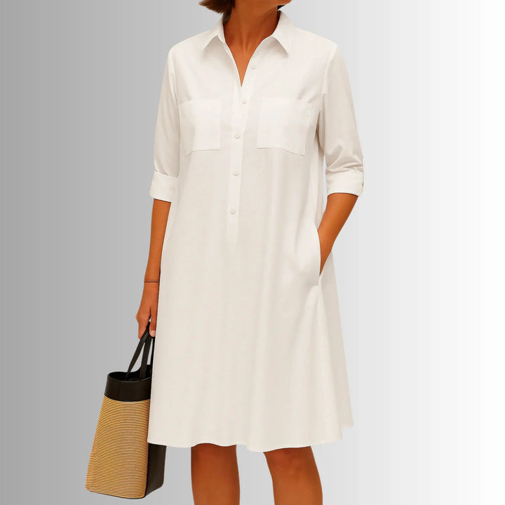 Collared Shirt Mini Dress with 3/4 Sleeve Button Placket