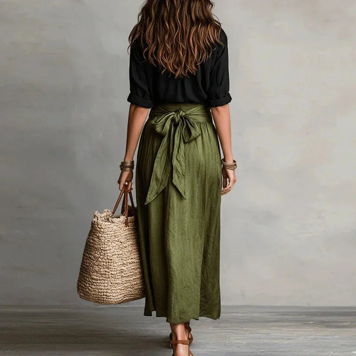 Linen Blend Shirt and Tie-Waist Maxi Skirt Set