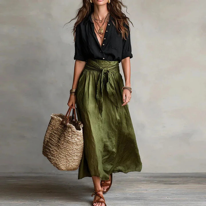 Linen Blend Shirt and Tie-Waist Maxi Skirt Set