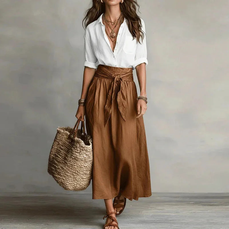 Linen Blend Shirt and Tie-Waist Maxi Skirt Set