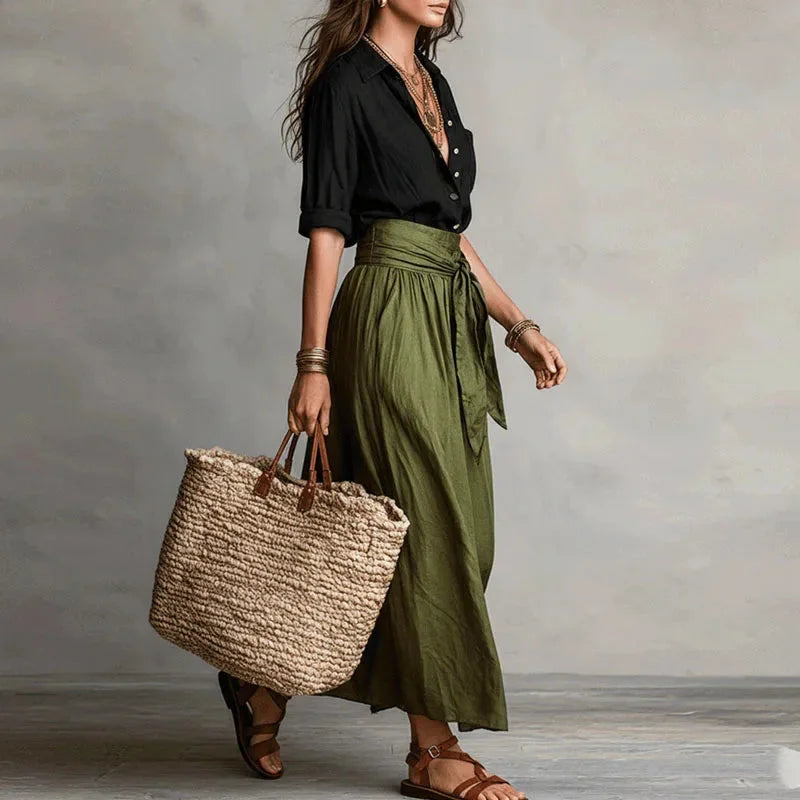 Linen Blend Shirt and Tie-Waist Maxi Skirt Set