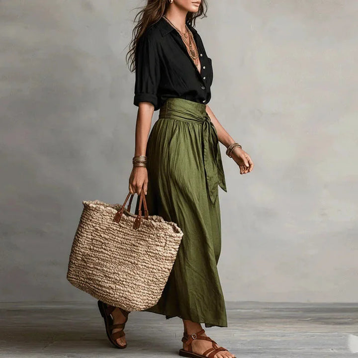 Linen Blend Shirt and Tie-Waist Maxi Skirt Set