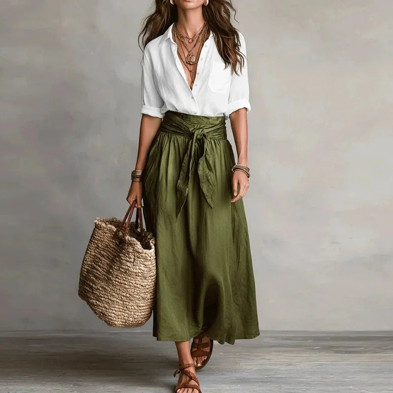 Linen Blend Shirt and Tie-Waist Maxi Skirt Set