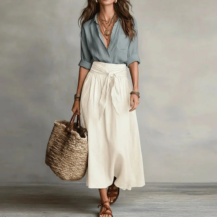 Linen Blend Shirt and Tie-Waist Maxi Skirt Set