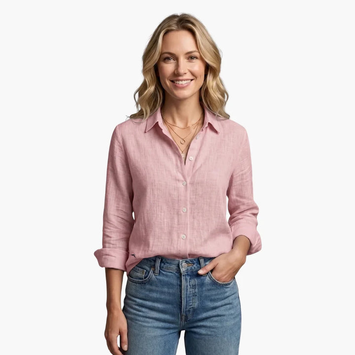 Linen Long Sleeve Shirt with Collared V-Neck