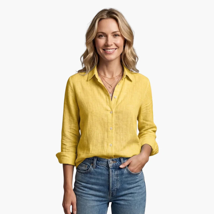 Linen Long Sleeve Shirt with Collared V-Neck