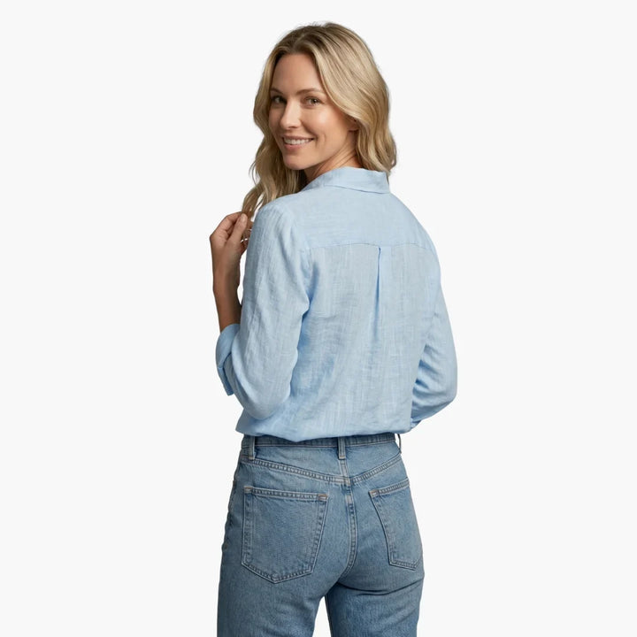 Linen Long Sleeve Shirt with Collared V-Neck