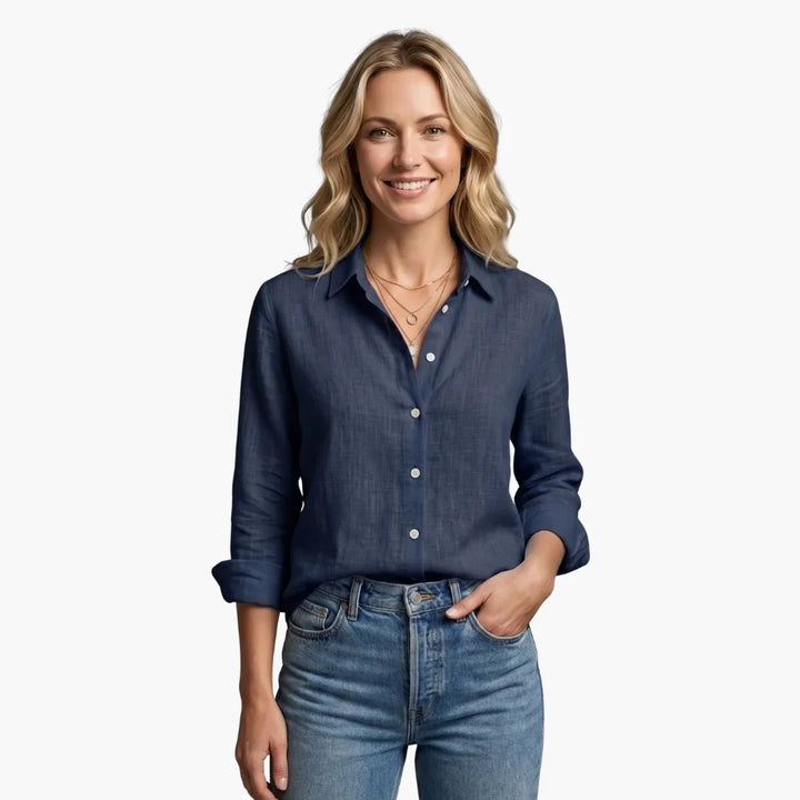 Linen Long Sleeve Shirt with Collared V-Neck
