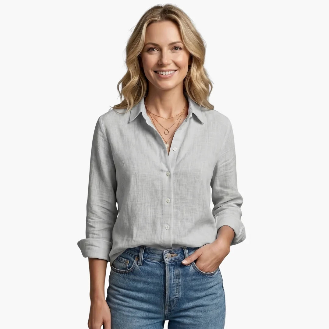 Linen Long Sleeve Shirt with Collared V-Neck