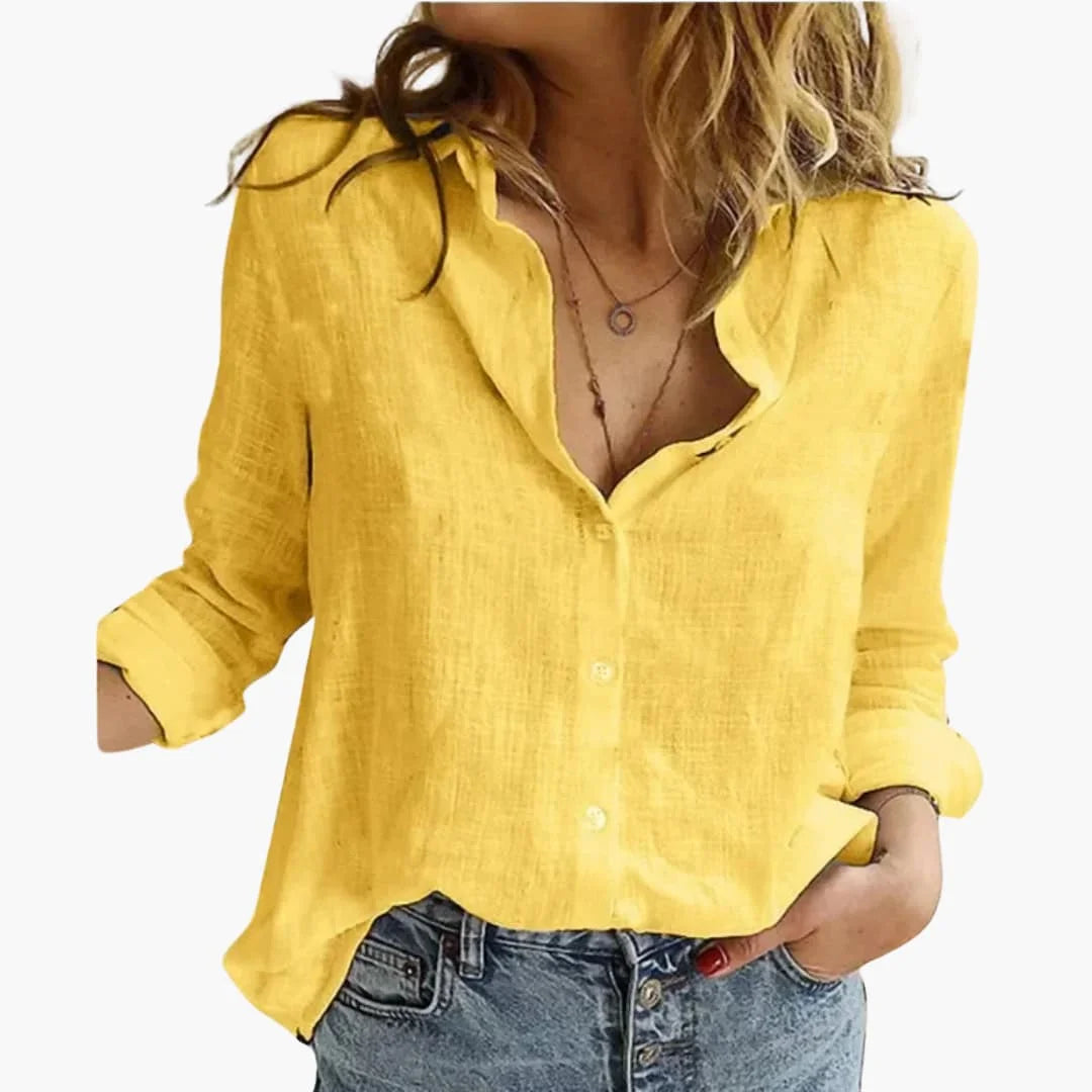 Linen Long Sleeve Shirt with Collared V-Neck