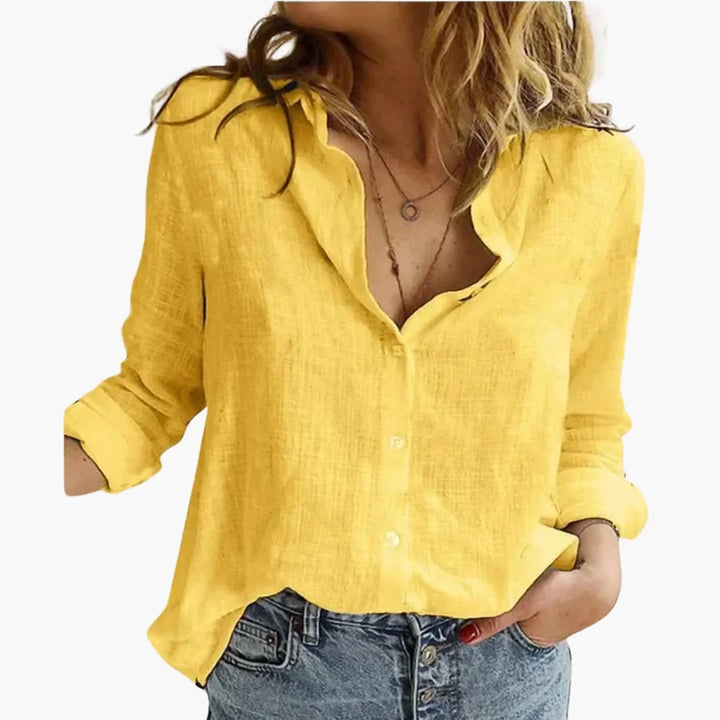 Linen Long Sleeve Shirt with Collared V-Neck