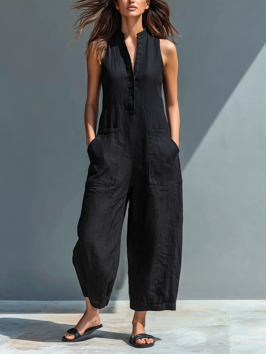 Women's Linen Wide Leg Jumpsuit with Button Front