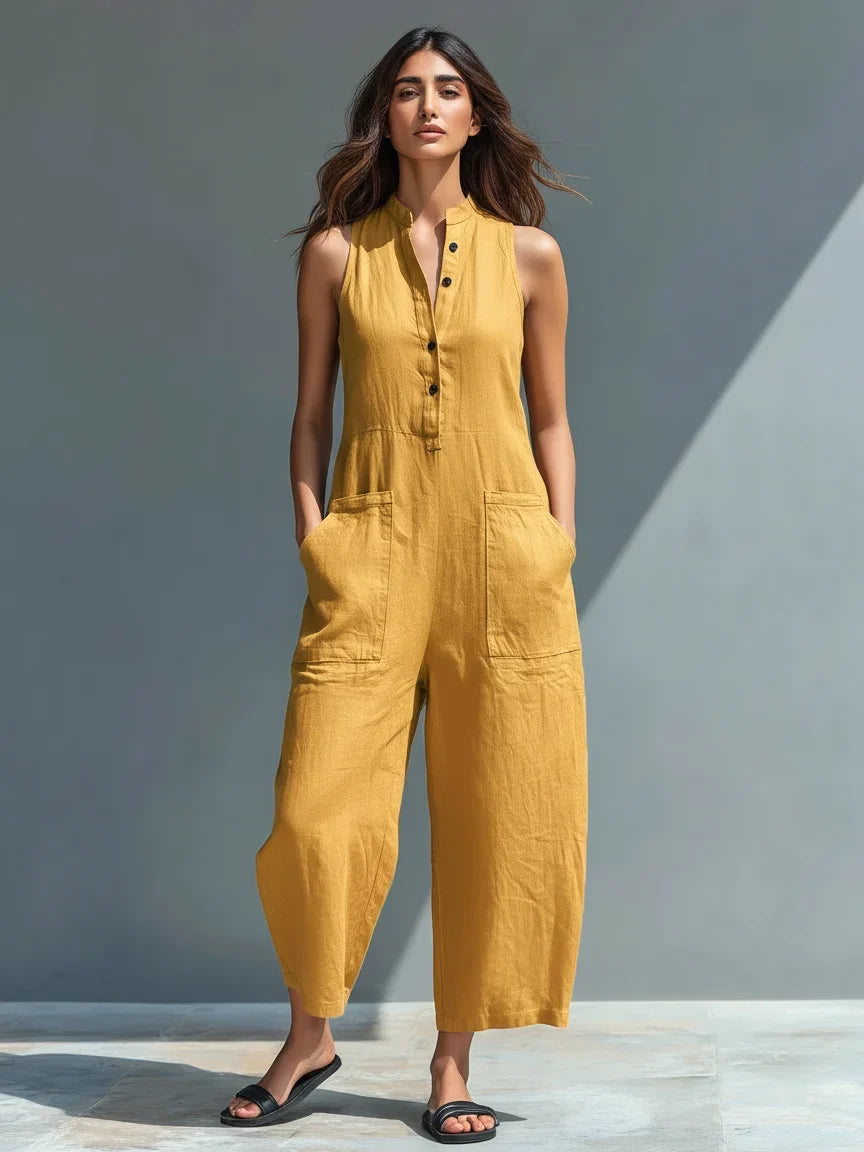 Women's Linen Wide Leg Jumpsuit with Button Front