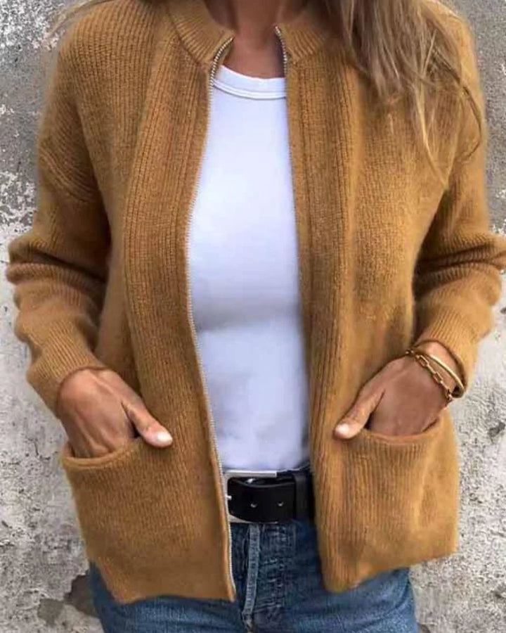 Ribbed Knit Full-Zip Cardigan Sweater with Pockets
