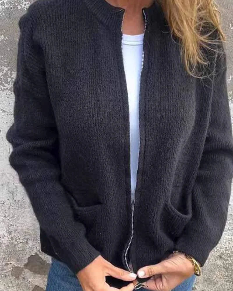 Ribbed Knit Full-Zip Cardigan Sweater with Pockets