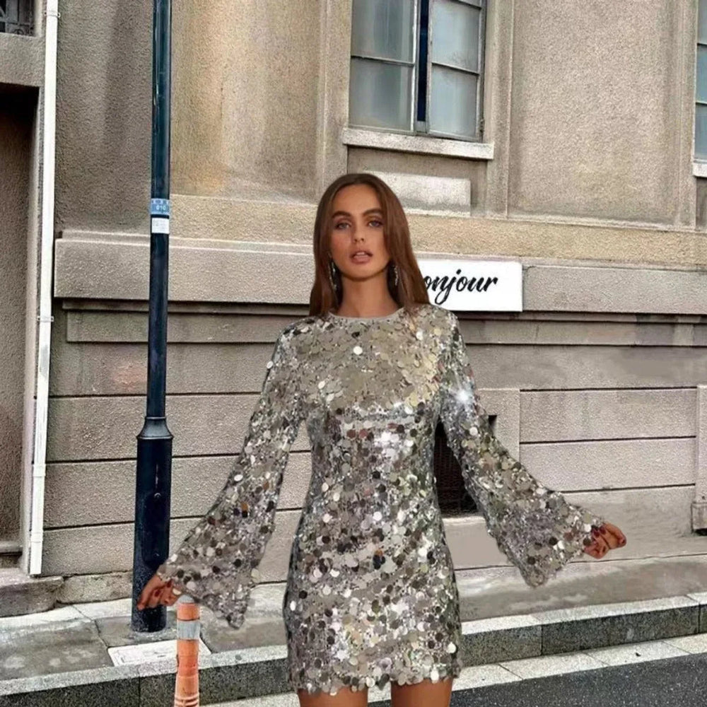 Long Sleeve Sequin Mini Cocktail Dress