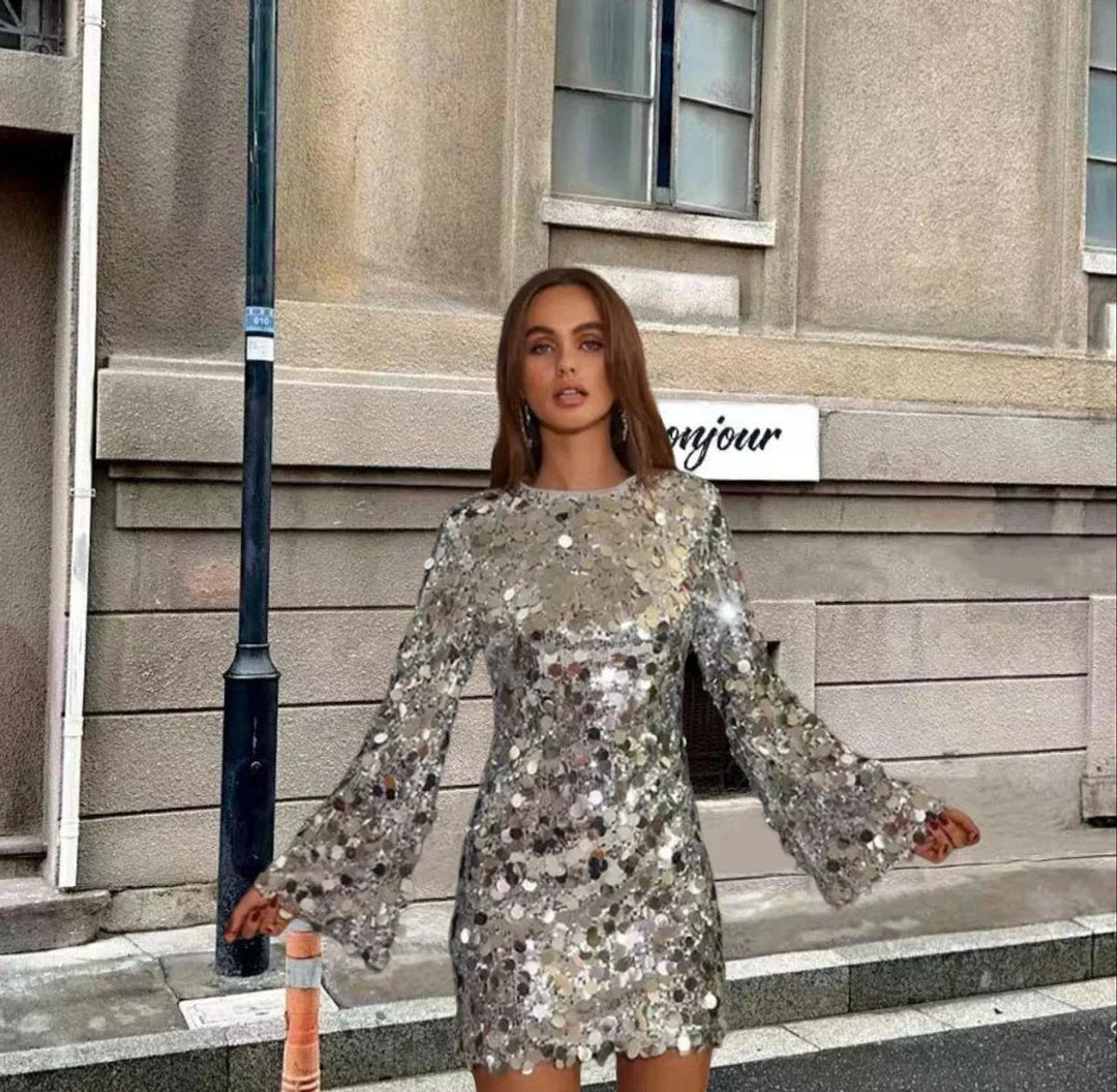 Long Sleeve Sequin Mini Cocktail Dress