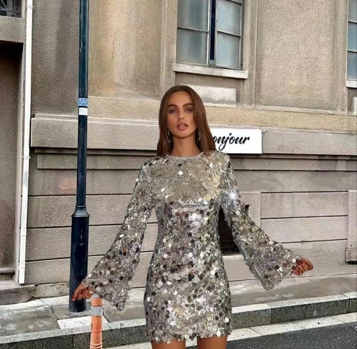 Long Sleeve Sequin Mini Cocktail Dress