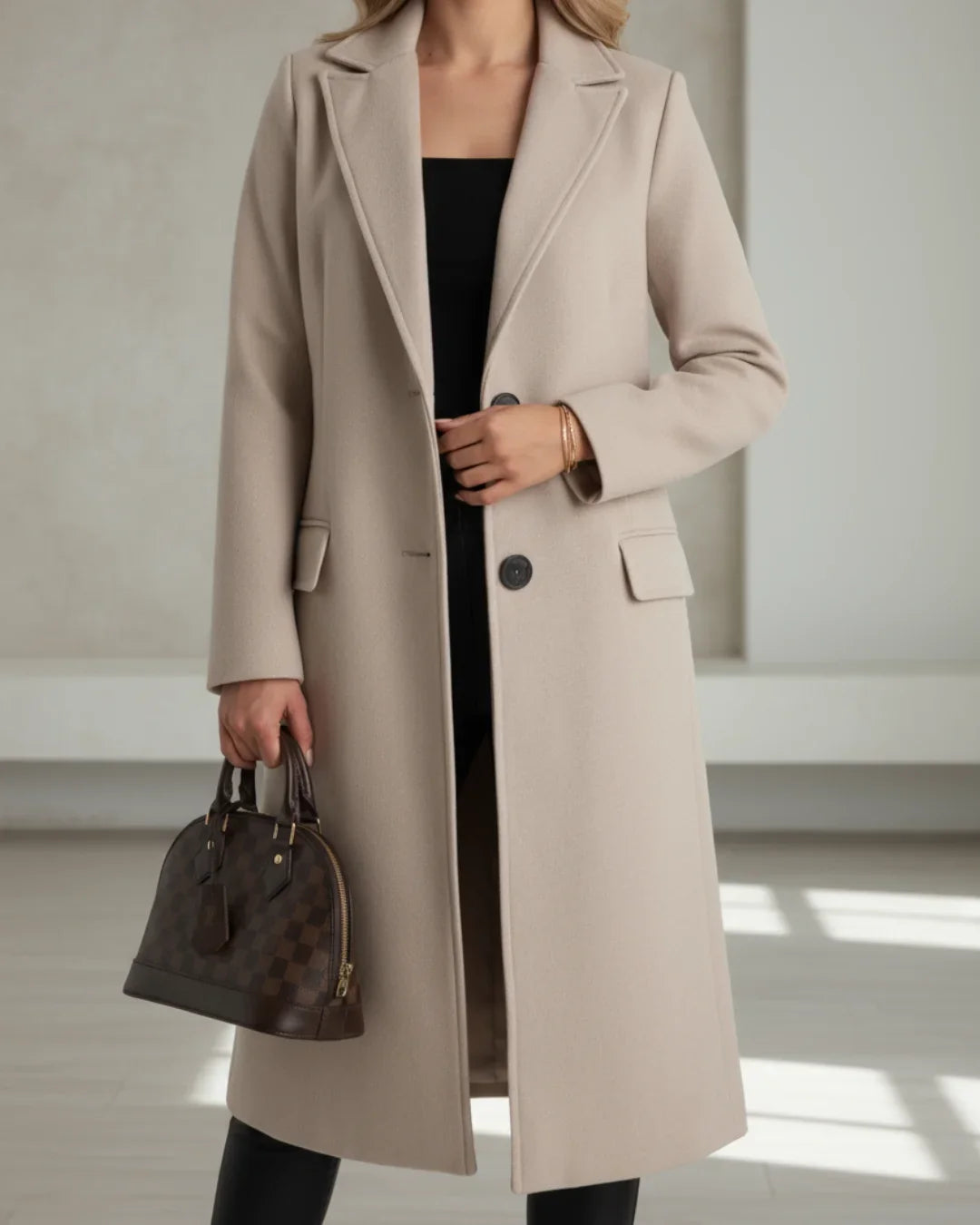 Long Tailored Wool Coat with Notched Lapel