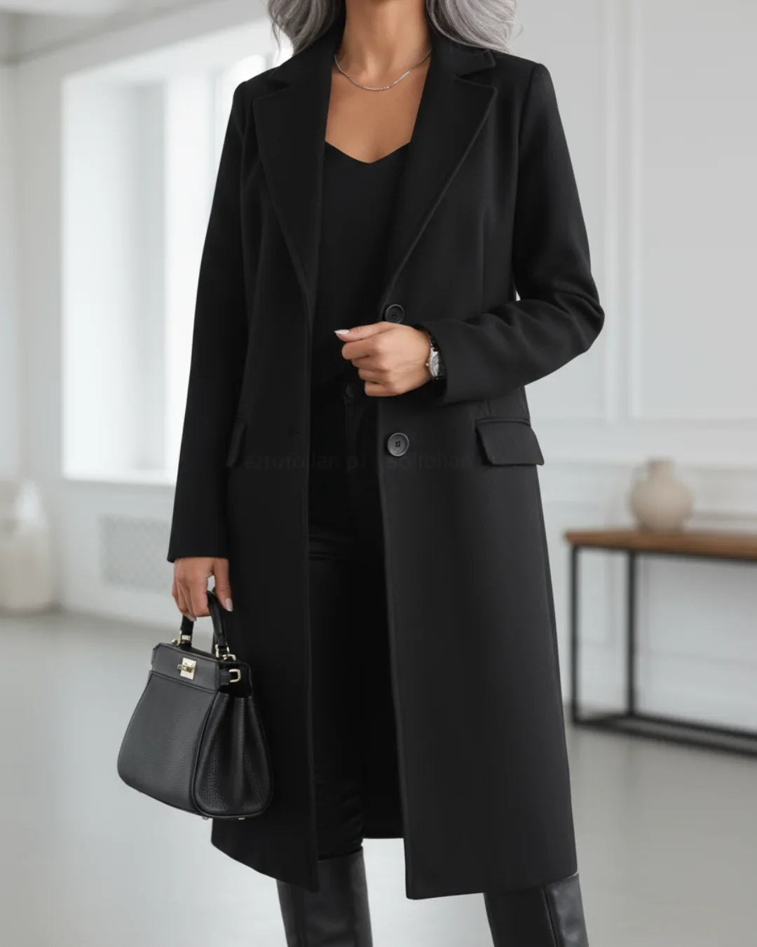 Long Tailored Wool Coat with Notched Lapel