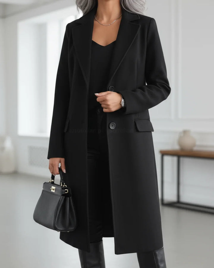 Long Tailored Wool Coat with Notched Lapel