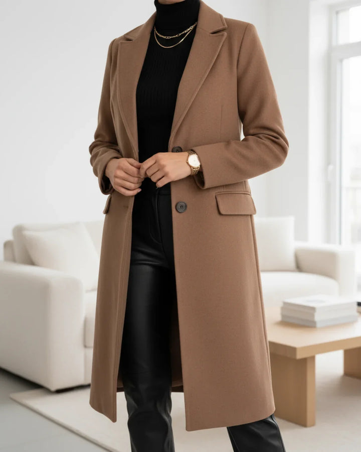 Long Tailored Wool Coat with Notched Lapel