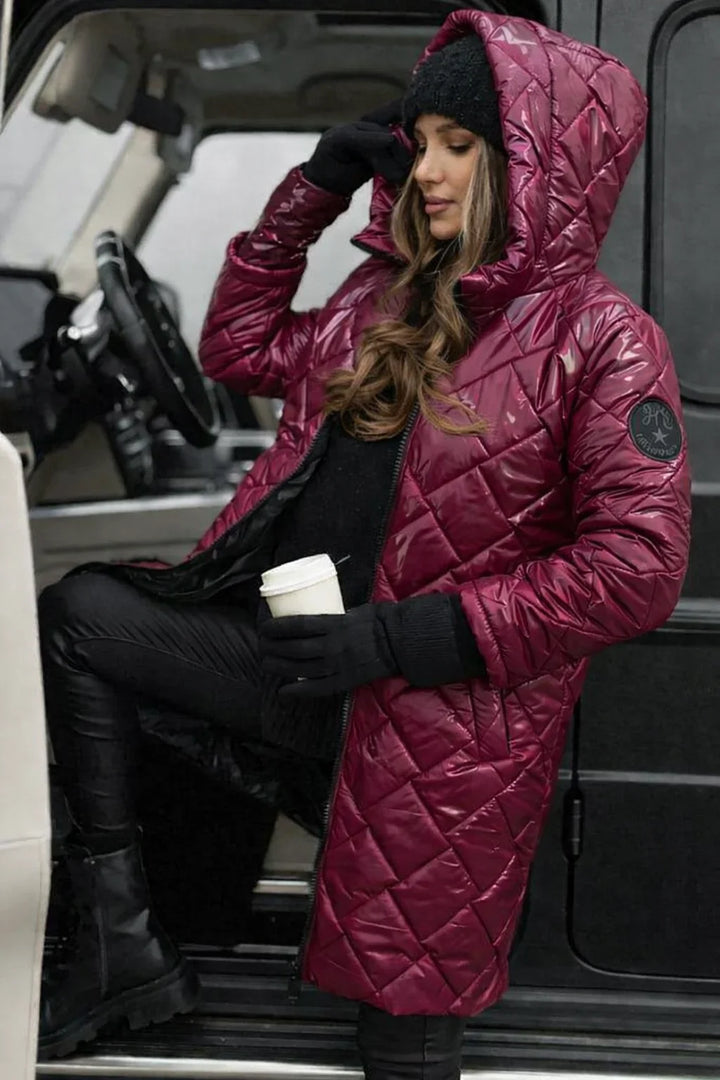 Metallic Quilted Hooded Long Puffer Coat