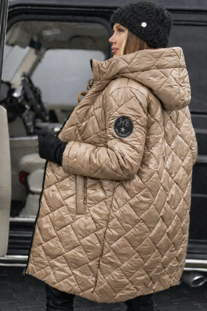 Metallic Quilted Hooded Long Puffer Coat