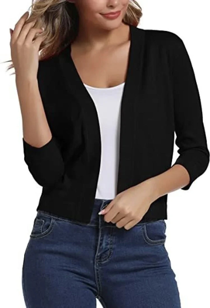 Open-Front Cropped Cardigan with Three-Quarter Sleeves