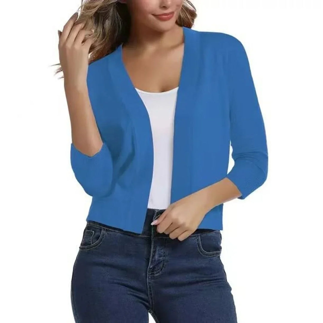 Open-Front Cropped Cardigan with Three-Quarter Sleeves