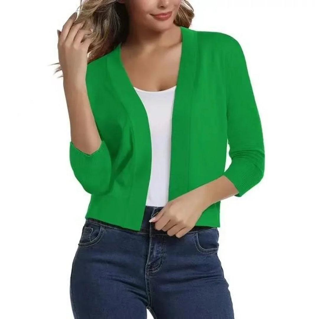 Open-Front Cropped Cardigan with Three-Quarter Sleeves