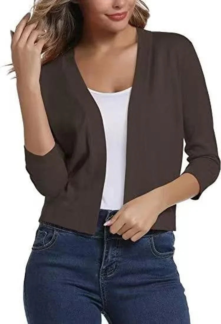 Open-Front Cropped Cardigan with Three-Quarter Sleeves