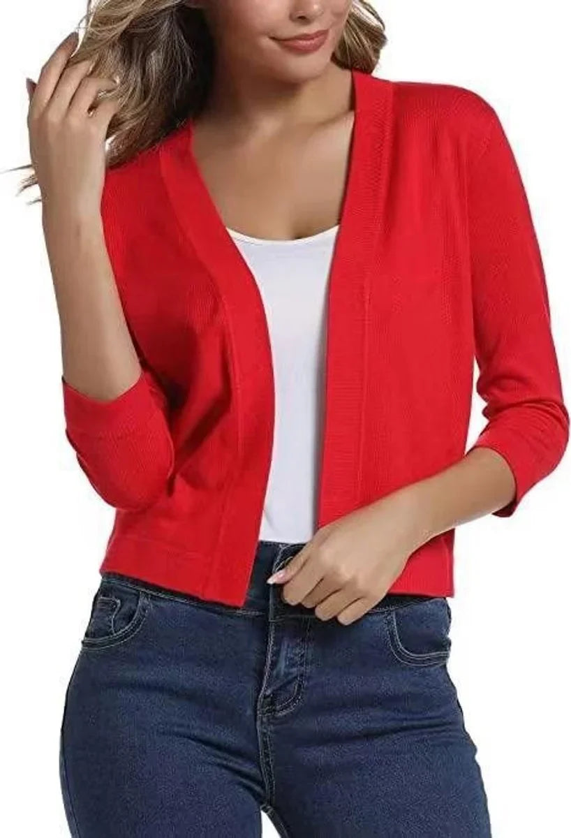 Open-Front Cropped Cardigan with Three-Quarter Sleeves