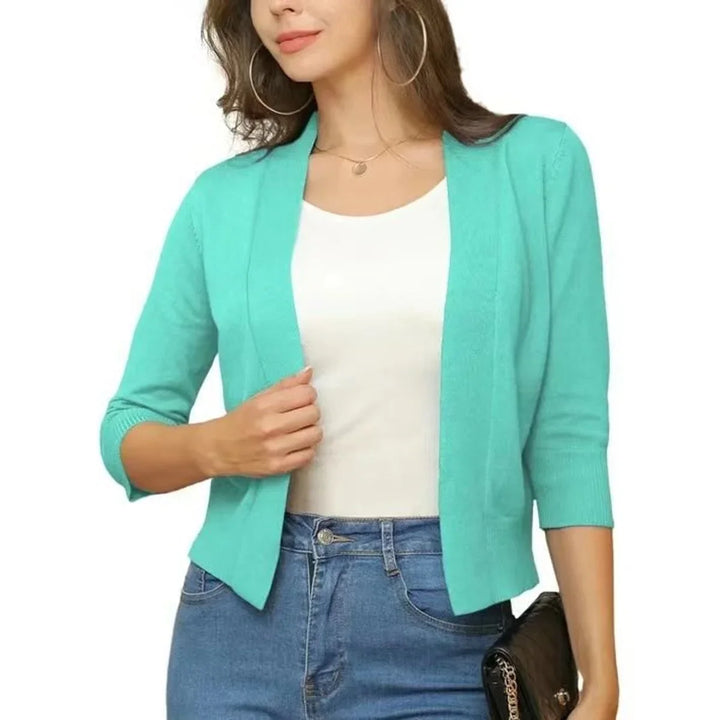 Open-Front Cropped Cardigan with Three-Quarter Sleeves