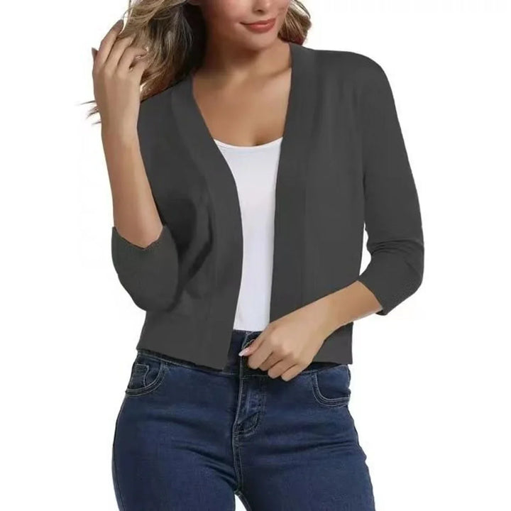 Open-Front Cropped Cardigan with Three-Quarter Sleeves