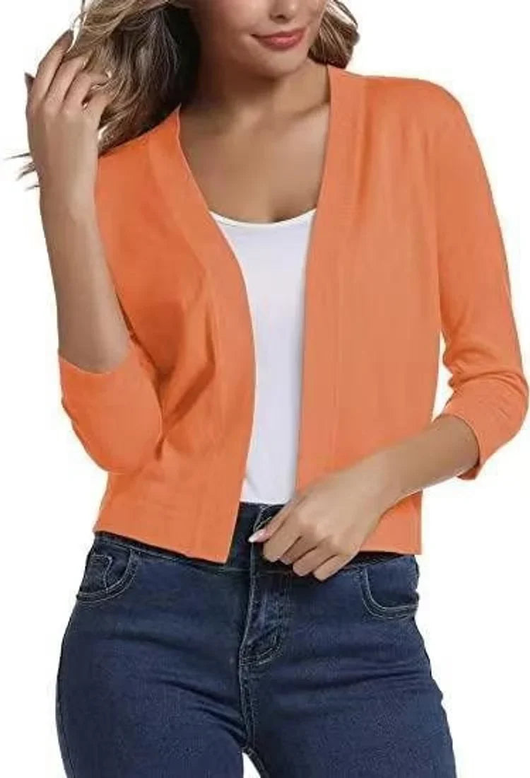 Open-Front Cropped Cardigan with Three-Quarter Sleeves