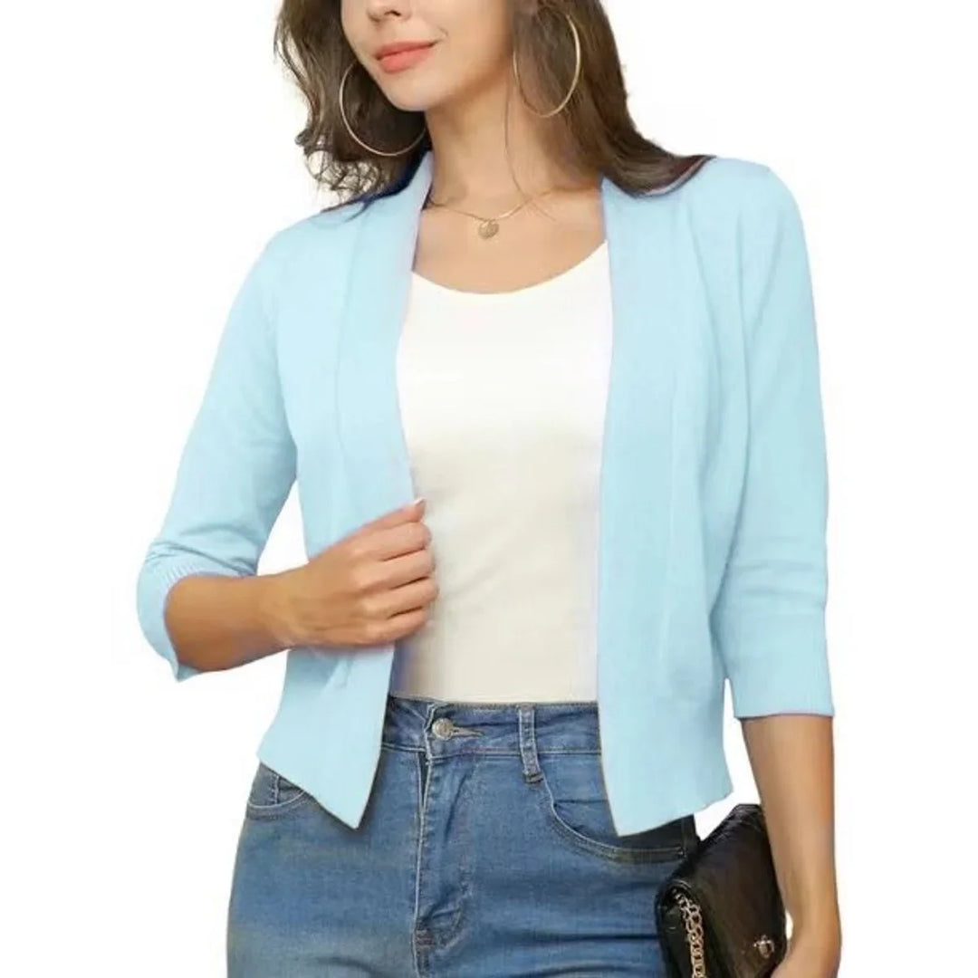 Open-Front Cropped Cardigan with Three-Quarter Sleeves