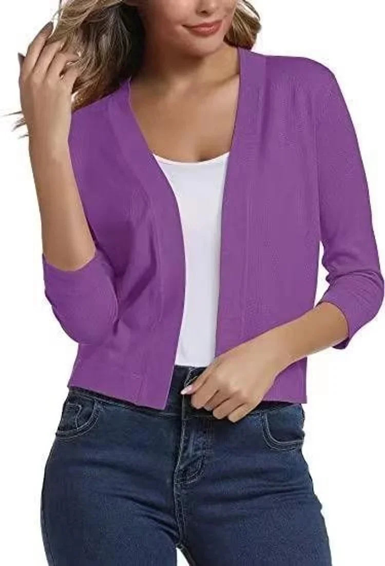 Open-Front Cropped Cardigan with Three-Quarter Sleeves