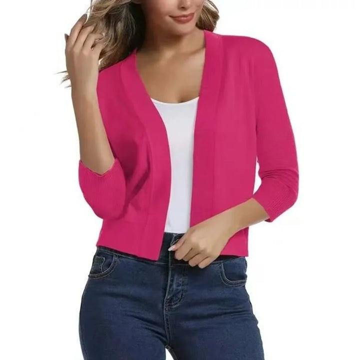 Open-Front Cropped Cardigan with Three-Quarter Sleeves