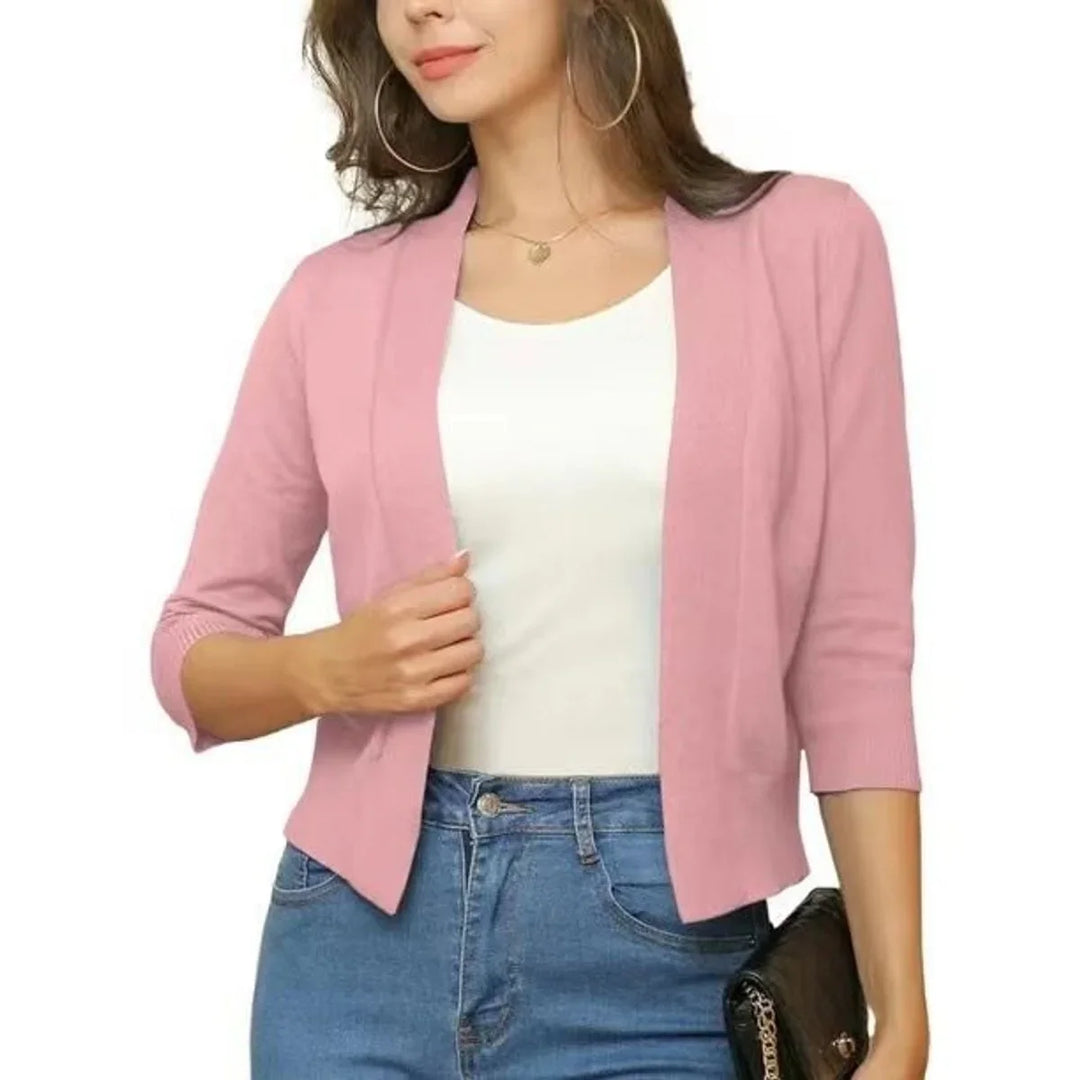 Open-Front Cropped Cardigan with Three-Quarter Sleeves