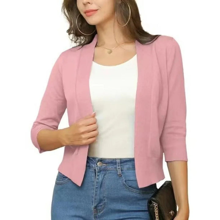 Open-Front Cropped Cardigan with Three-Quarter Sleeves