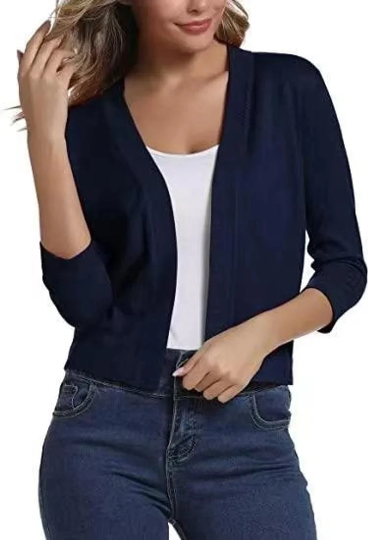Open-Front Cropped Cardigan with Three-Quarter Sleeves