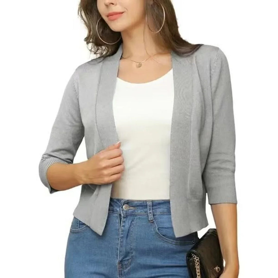 Open-Front Cropped Cardigan with Three-Quarter Sleeves