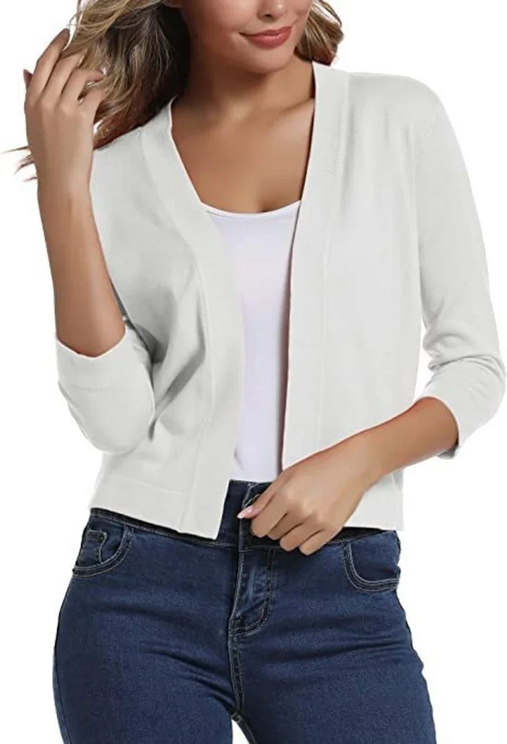 Open-Front Cropped Cardigan with Three-Quarter Sleeves
