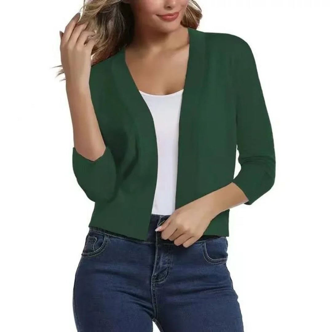 Open-Front Cropped Cardigan with Three-Quarter Sleeves