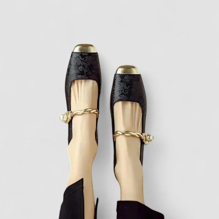Patterned Mary Jane Shoes with Gold Toe and Block Heel