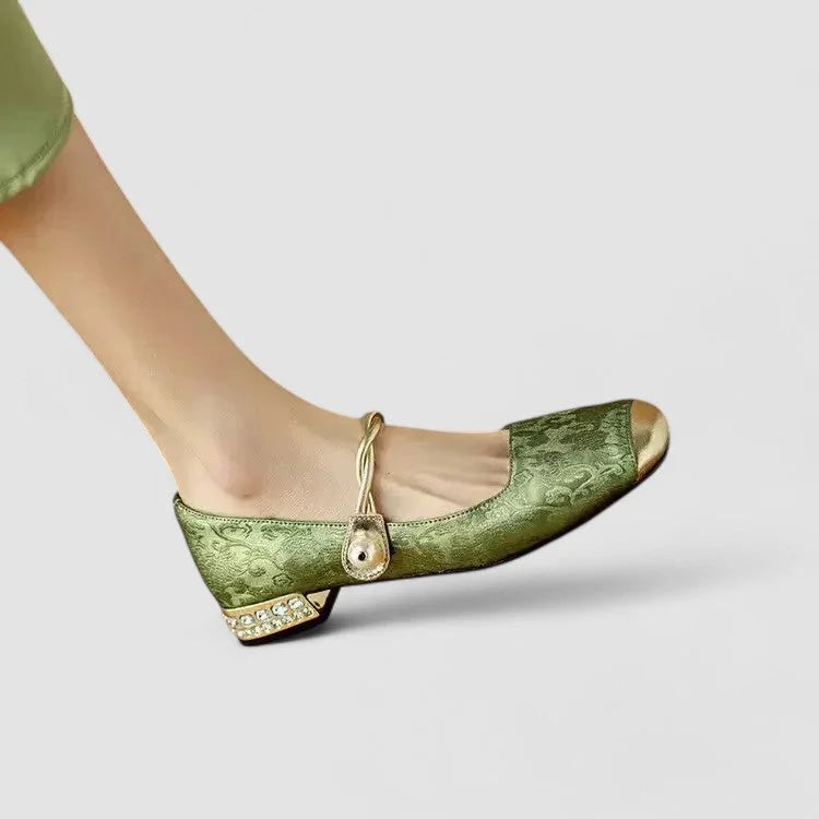 Patterned Mary Jane Shoes with Gold Toe and Block Heel