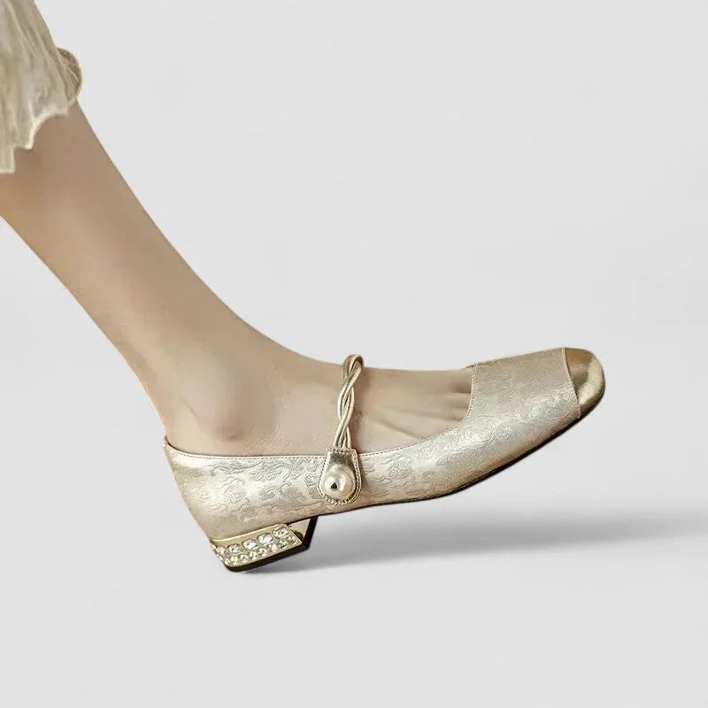 Patterned Mary Jane Shoes with Gold Toe and Block Heel