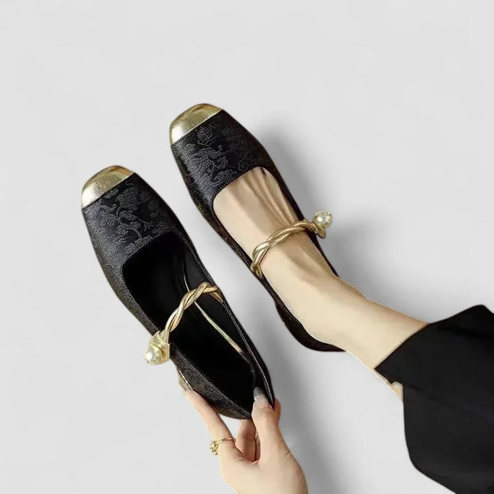 Patterned Mary Jane Shoes with Gold Toe and Block Heel